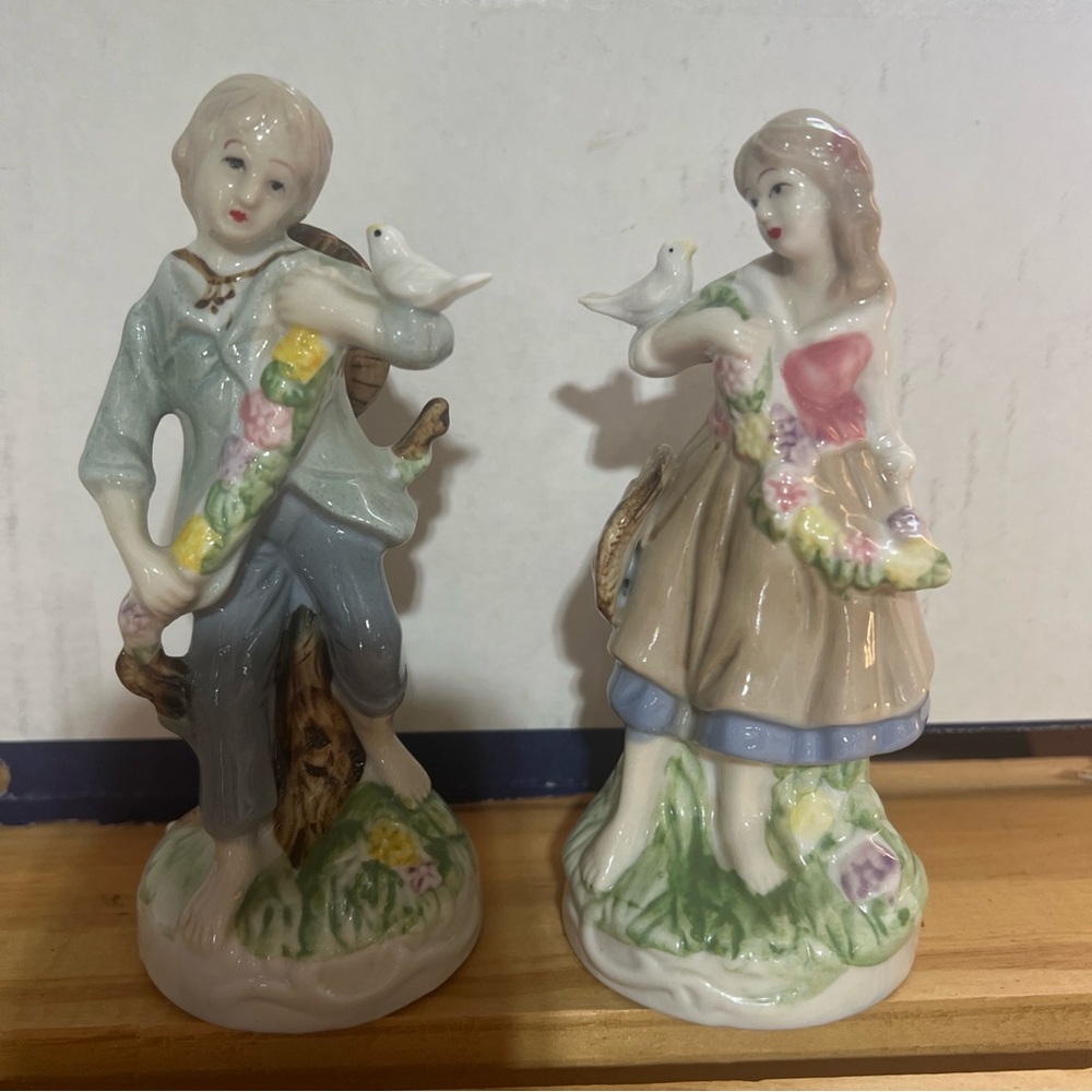 Porcelain Boy and Girl Figurines with Birds Alfetto Maruri Figurines 5”